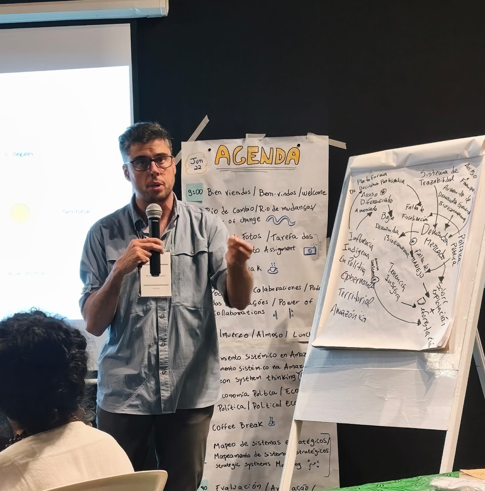 Mauricio Núñez-Regueiro presenta un mapa causal dibujado a mano durante un taller; al lado, la agenda del día escrita en papel.